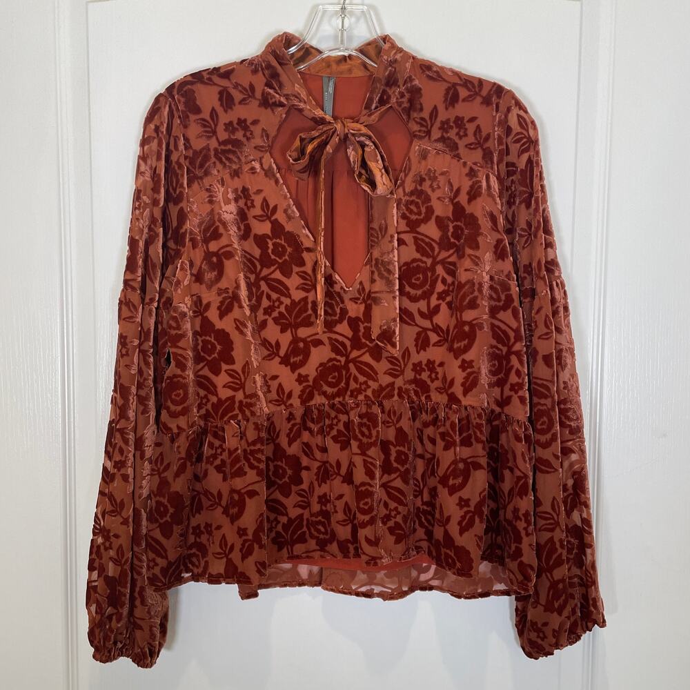 Anthropologie Velvet Burnout Blouse Tie Neck Floral Peplum Sienna Brown NWT XS - Picture 3 of 8